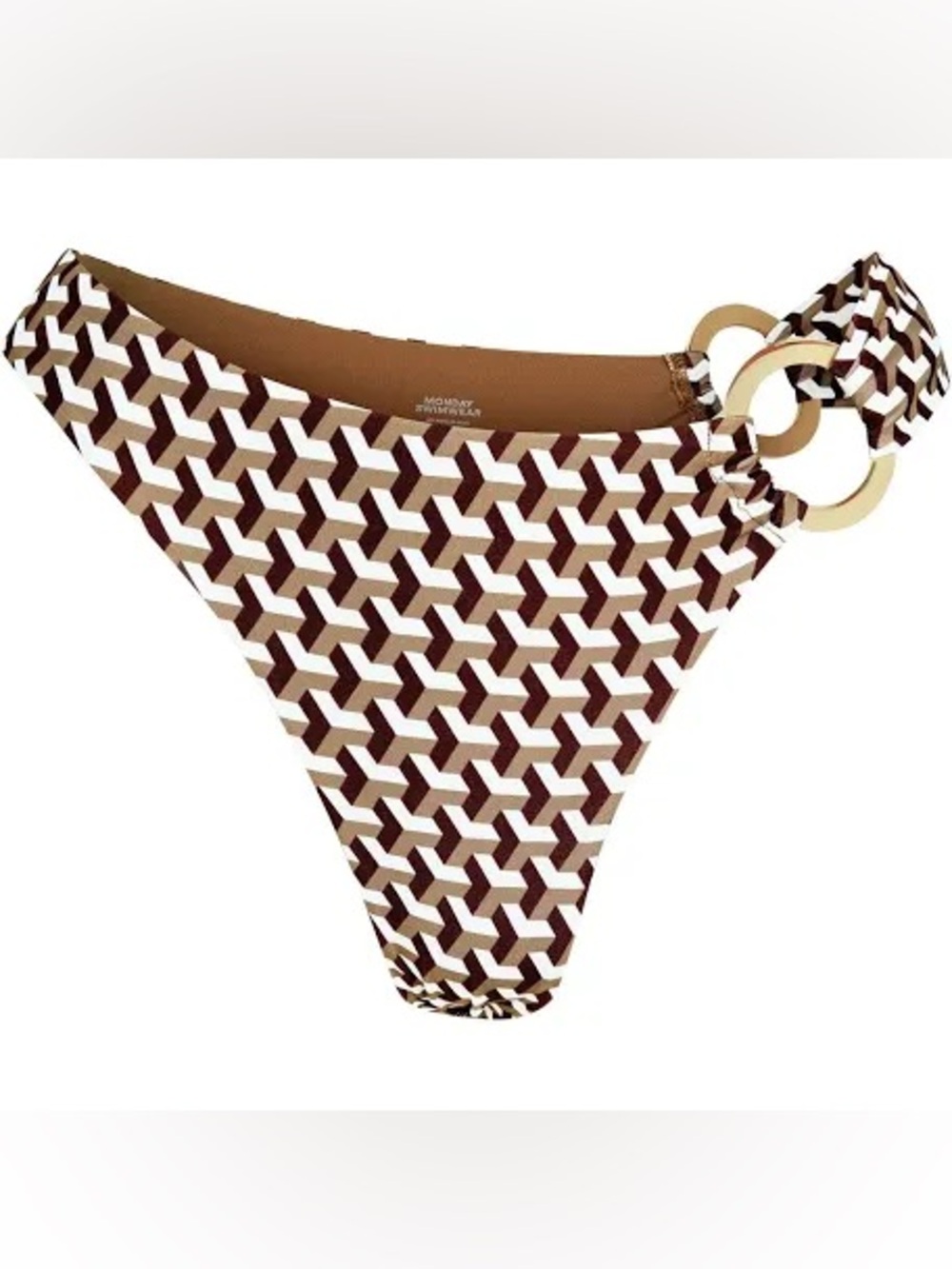 Monday Swimwear Brown White Geo-Print Bikini Bottom with Gold Rings